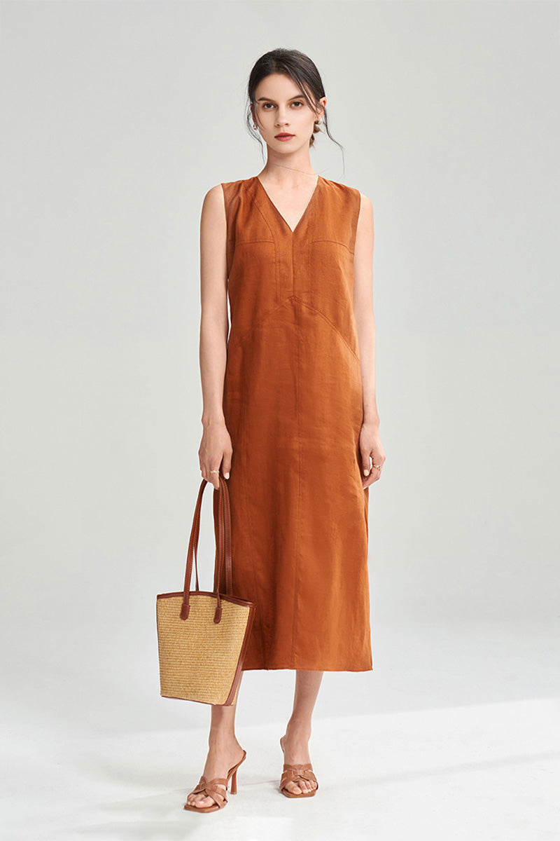 100 Linen Sleeveless V-Neck Midi Shift Dress in Orange