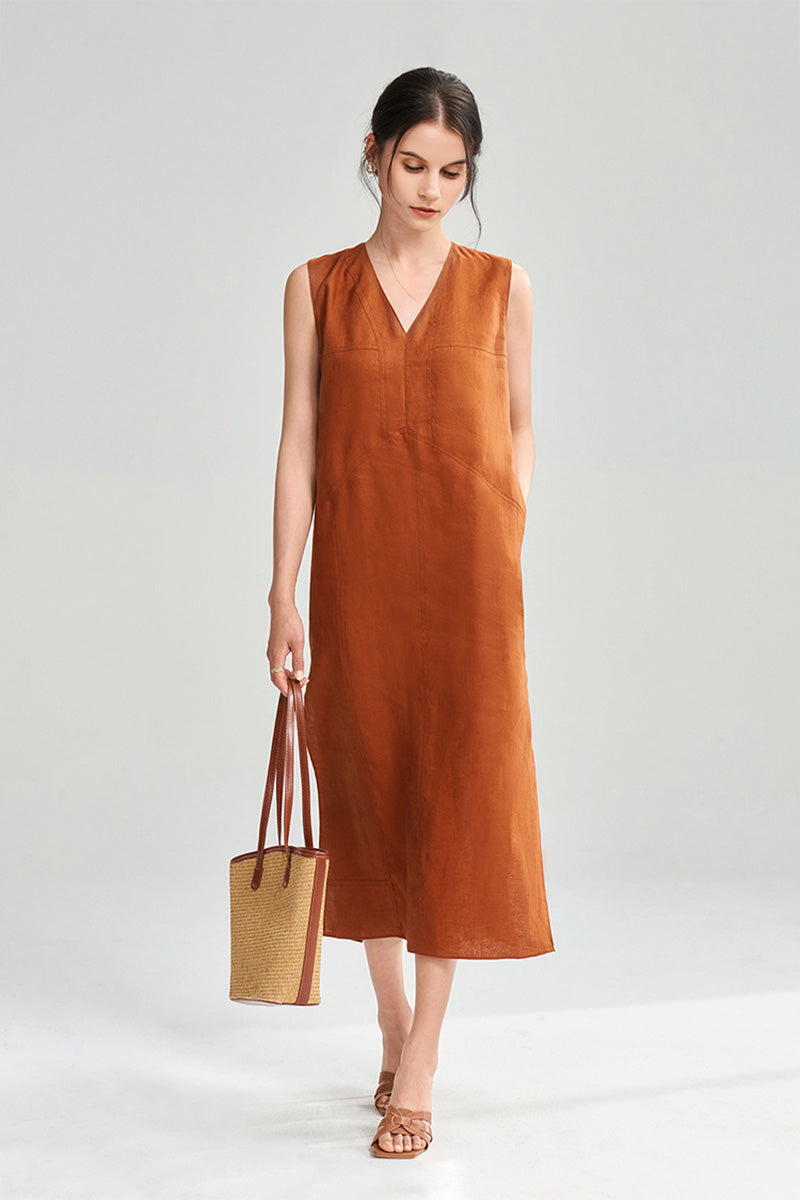 100 Linen Sleeveless V-Neck Midi Shift Dress in Orange