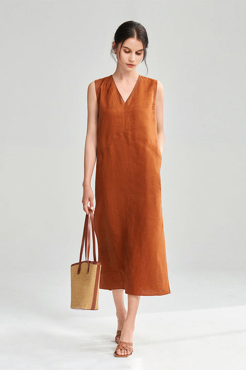 100 Linen Sleeveless V-Neck Midi Shift Dress in Orange