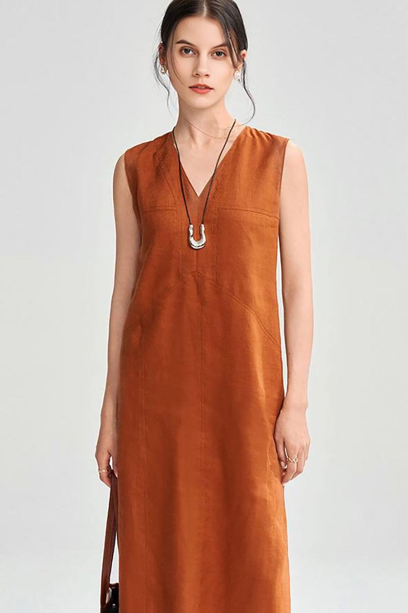 100 Linen Sleeveless V-Neck Midi Shift Dress in Orange