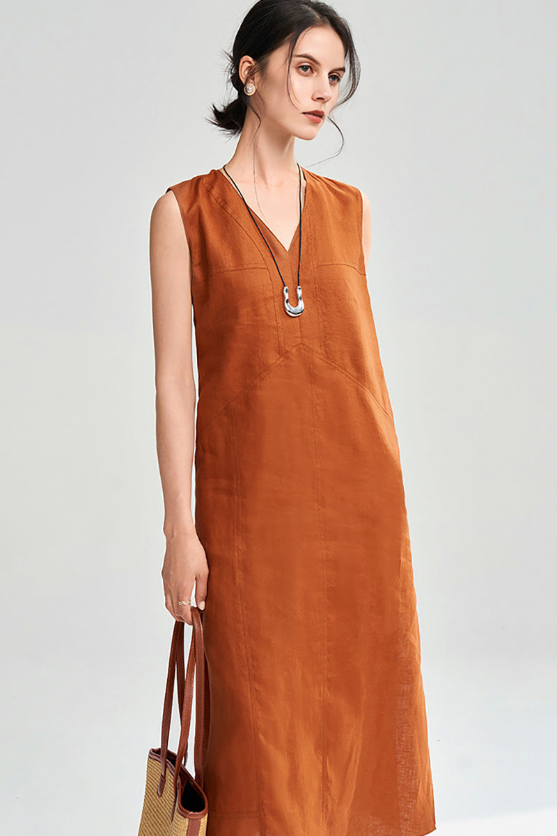 100 Linen Sleeveless V-Neck Midi Shift Dress in Orange
