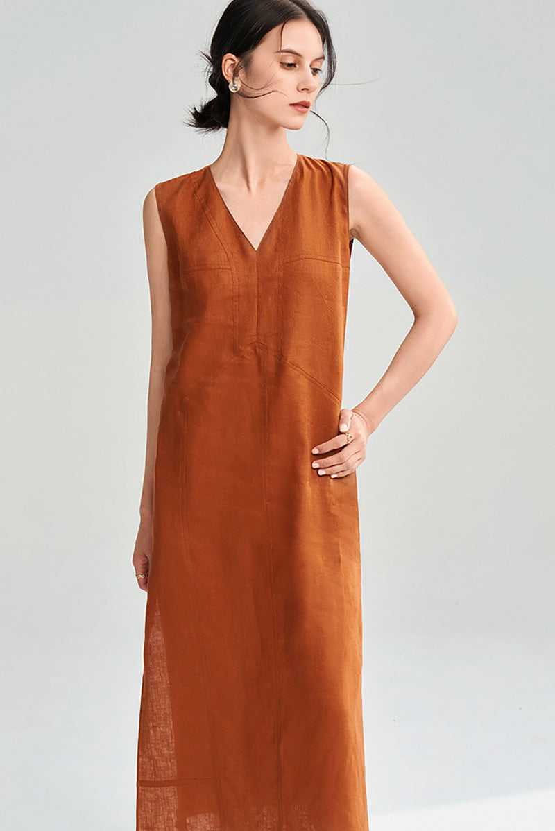 100 Linen Sleeveless V-Neck Midi Shift Dress in Orange