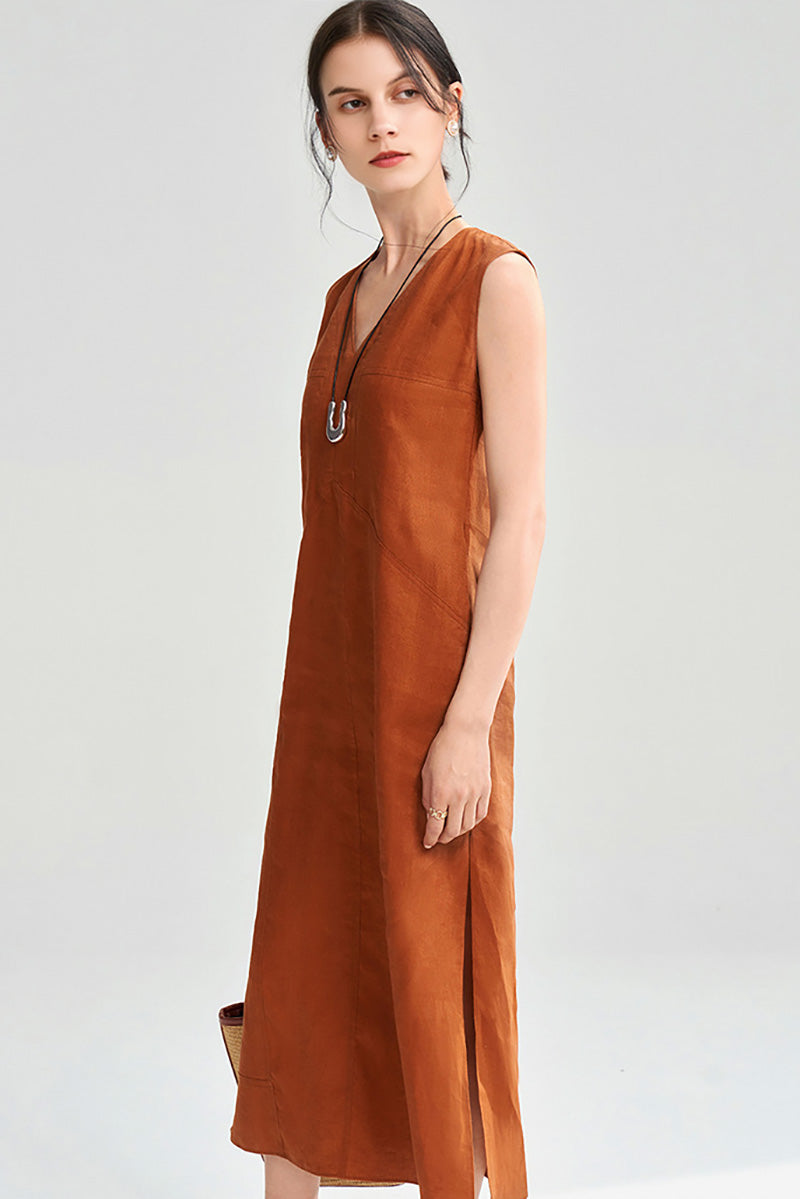 100 Linen Sleeveless V-Neck Midi Shift Dress in Orange