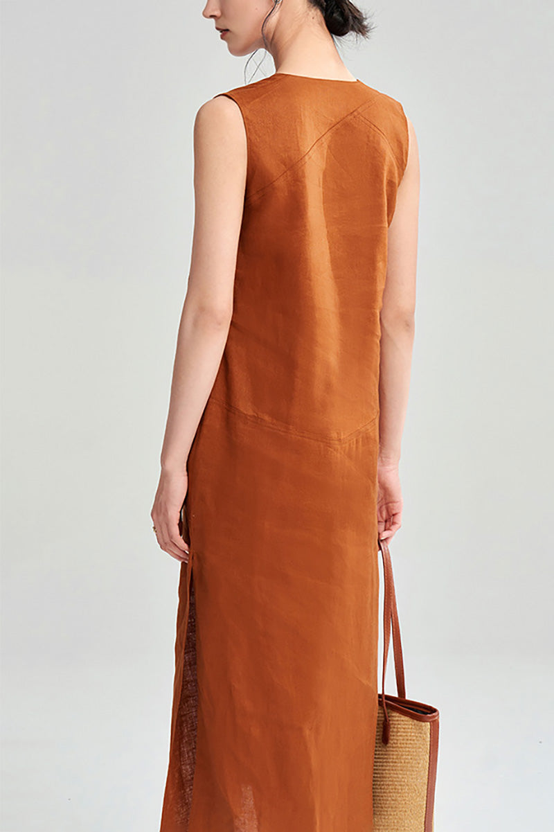 100 Linen Sleeveless V-Neck Midi Shift Dress in Orange