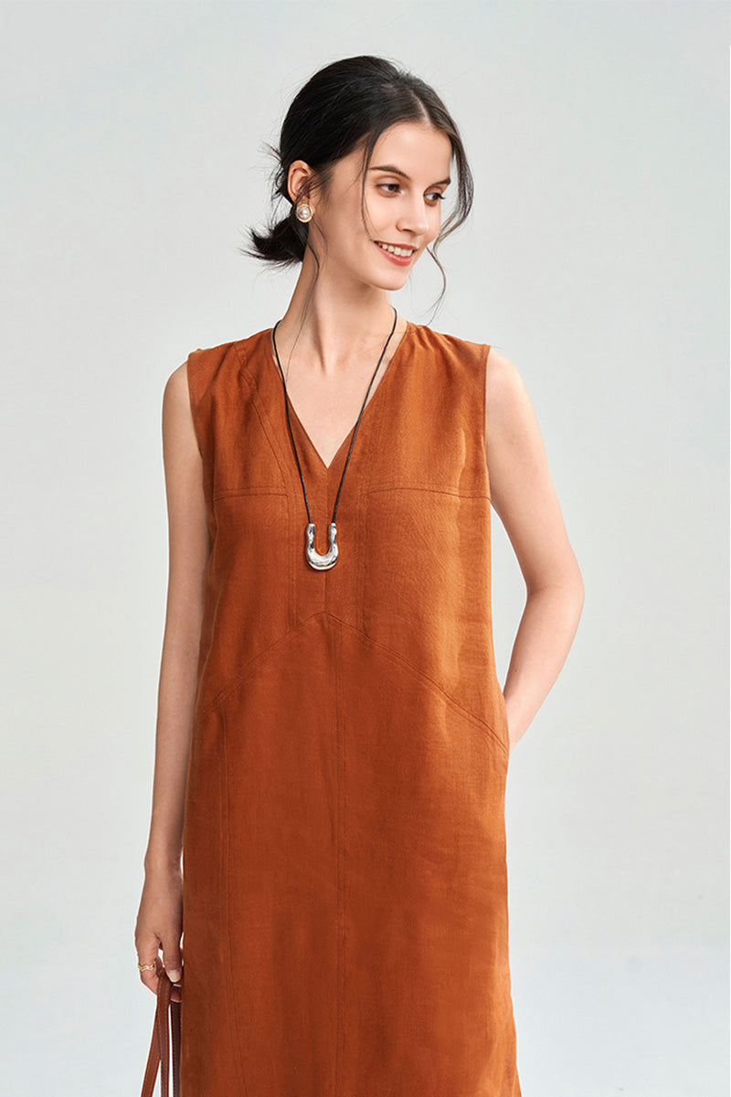 100 Linen Sleeveless V-Neck Midi Shift Dress in Orange