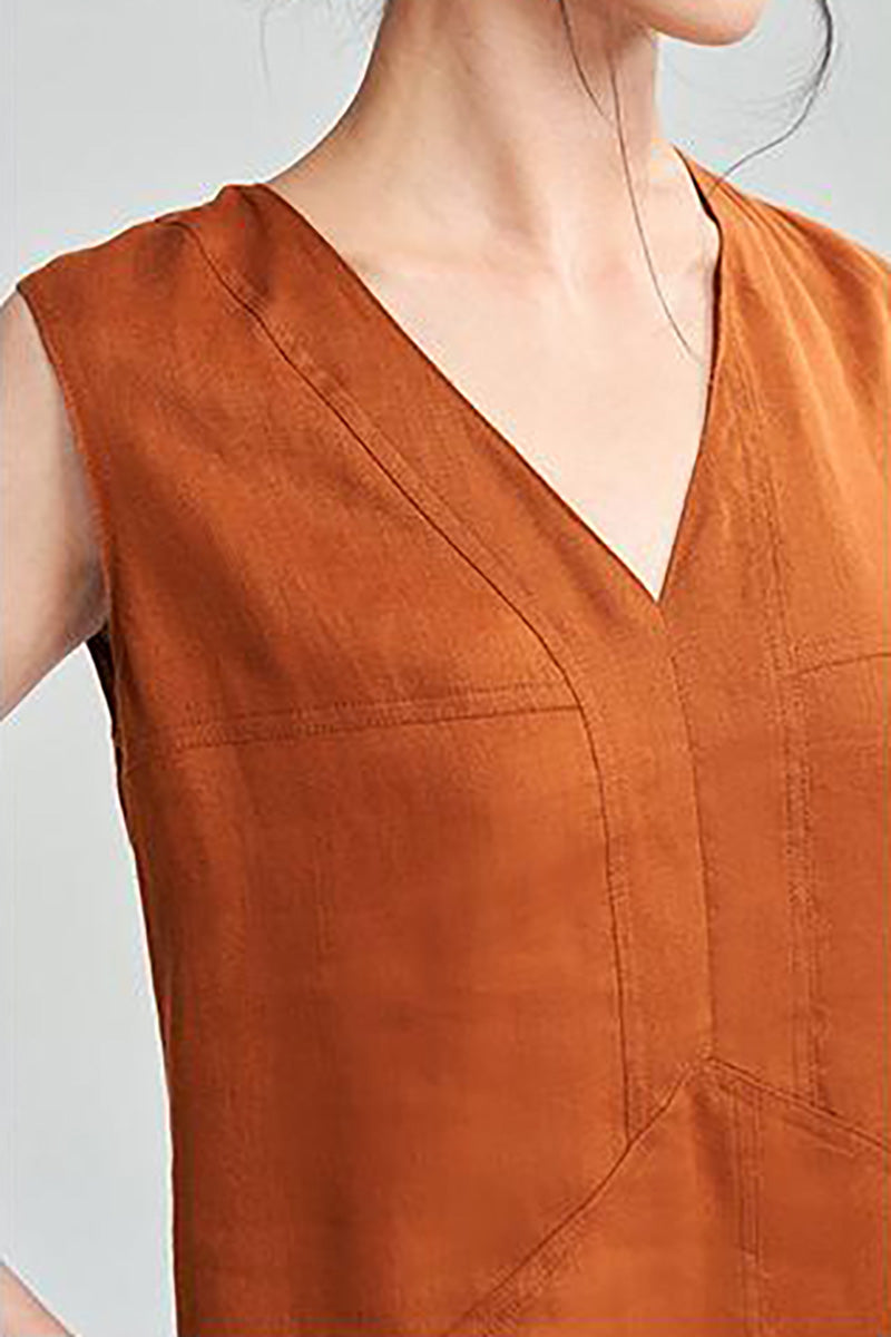 100 Linen Sleeveless V-Neck Midi Shift Dress in Orange