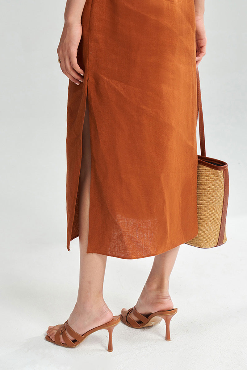 100 Linen Sleeveless V-Neck Midi Shift Dress in Orange