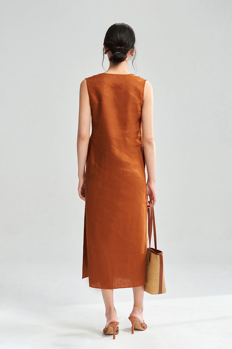 100 Linen Sleeveless V-Neck Midi Shift Dress in Orange