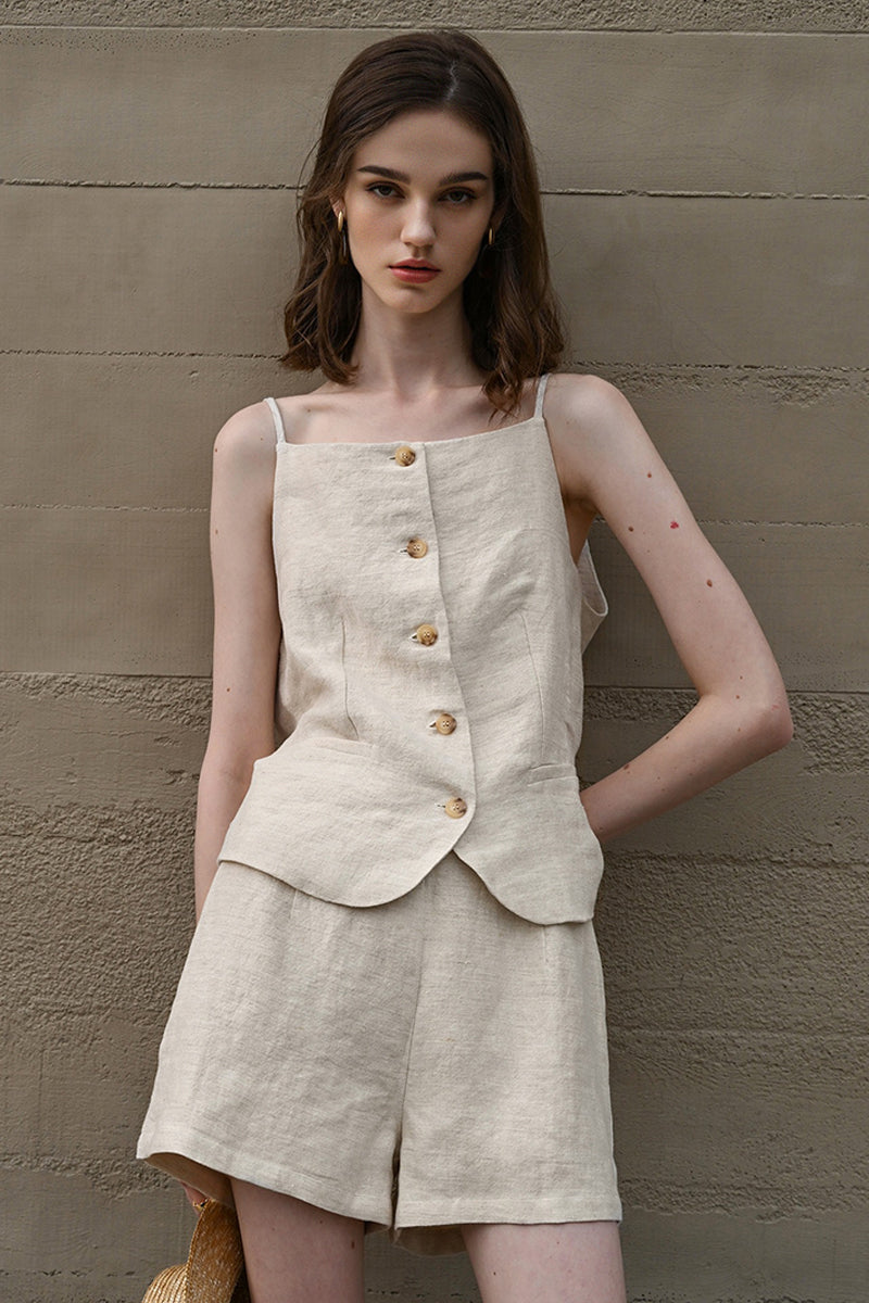 100% Linen Square-Neck Camisole Top with Button Front