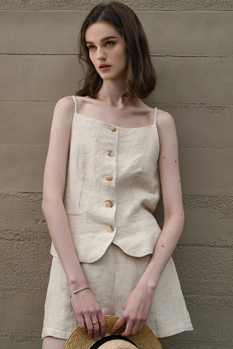100% Linen Square-Neck Camisole Top with Button Front