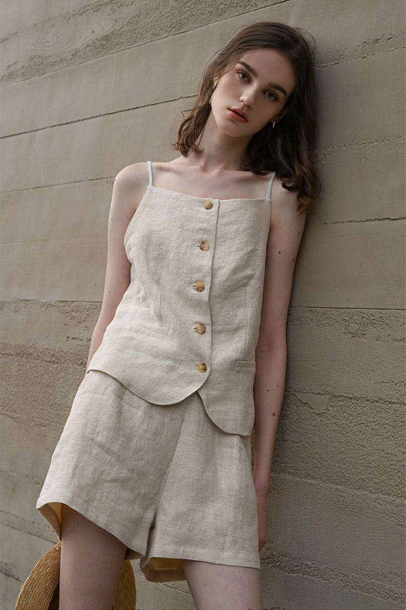 100% Linen Square-Neck Camisole Top with Button Front