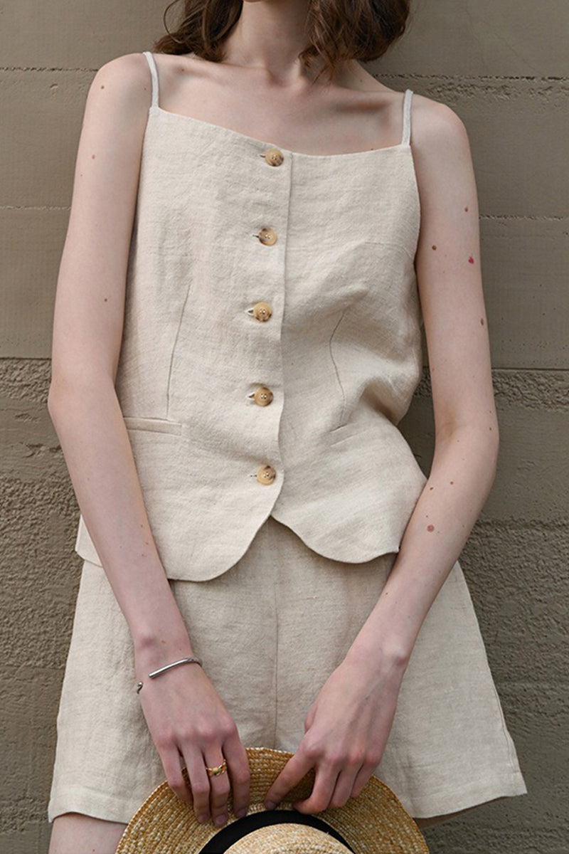100% Linen Square-Neck Camisole Top with Button Front