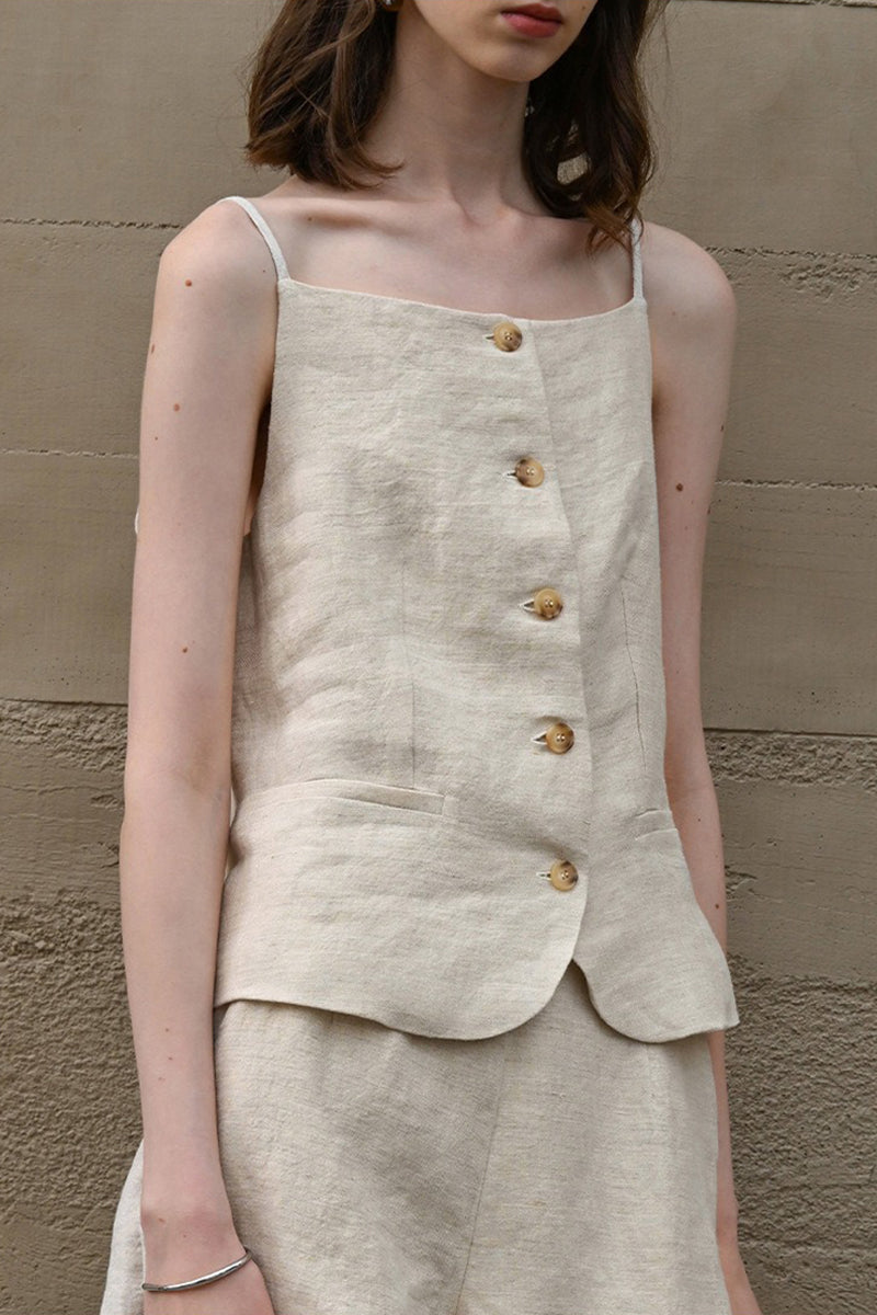 100% Linen Square-Neck Camisole Top with Button Front
