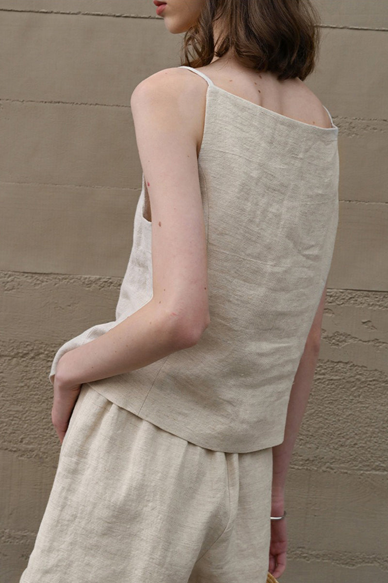 100% Linen Square-Neck Camisole Top with Button Front
