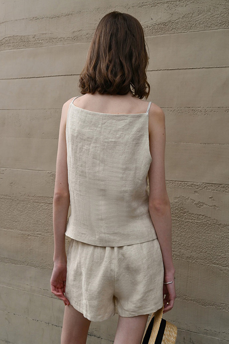 100% Linen Square-Neck Camisole Top with Button Front