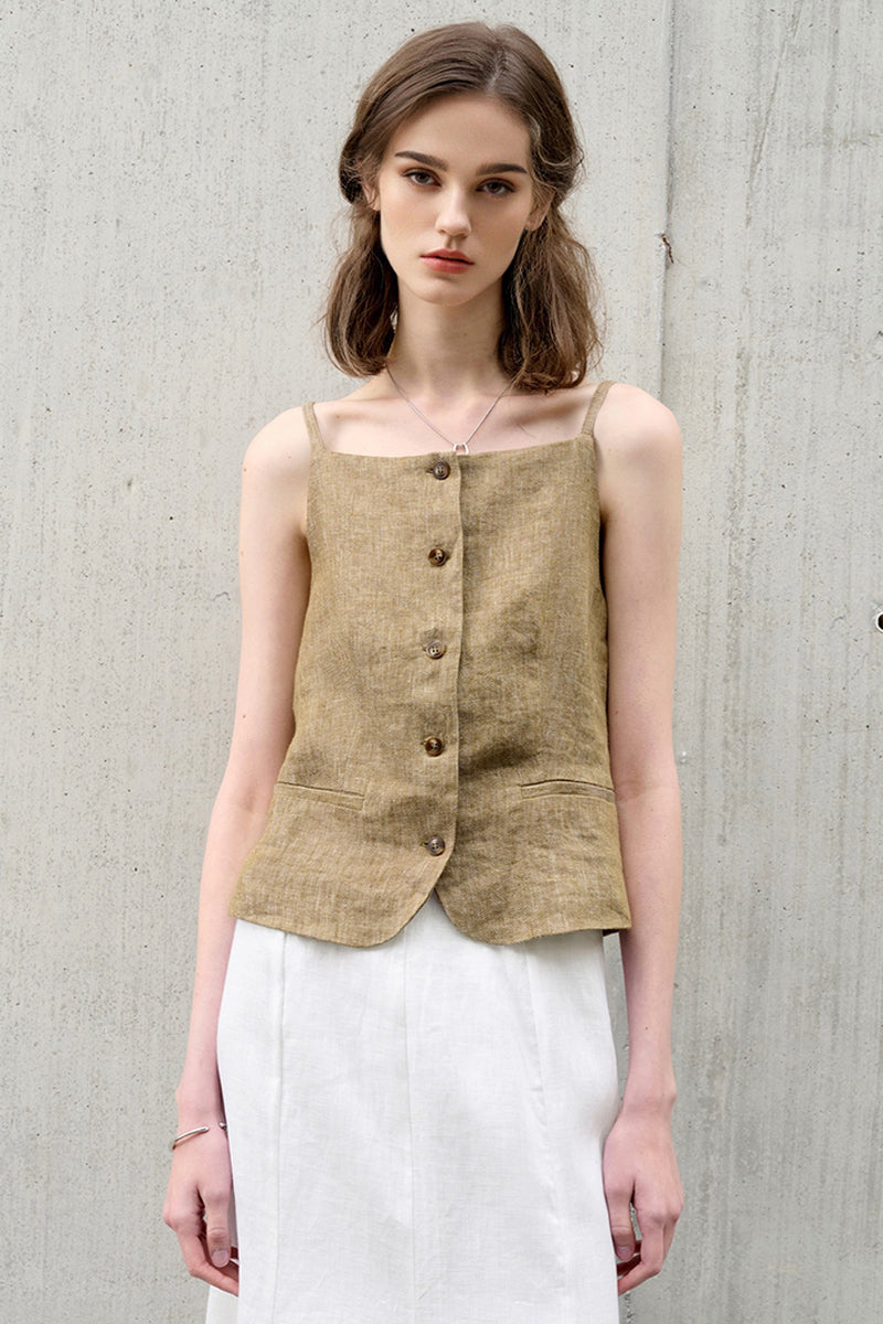 100% Linen Square-Neck Camisole Top with Button Front