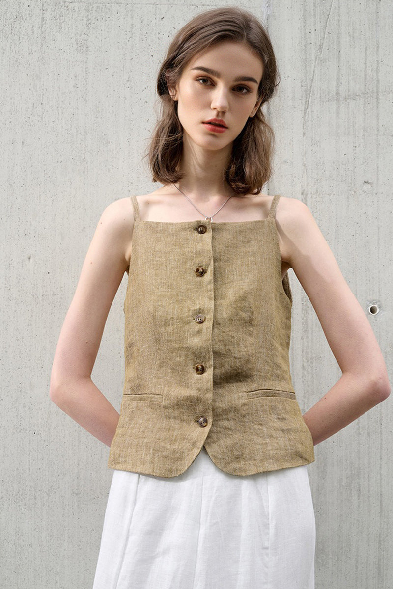 100% Linen Square-Neck Camisole Top with Button Front