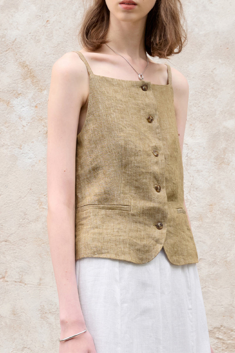 100% Linen Square-Neck Camisole Top with Button Front