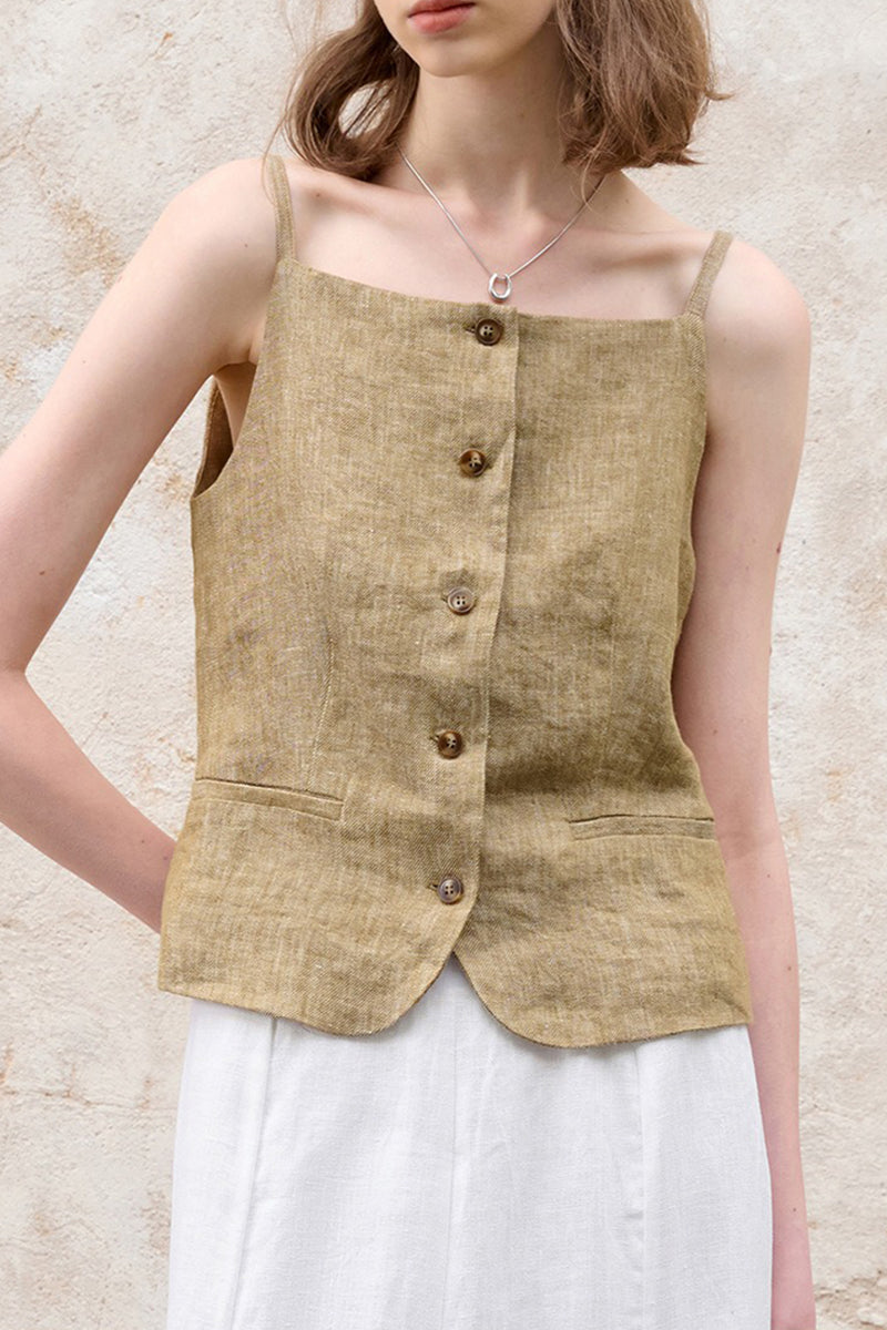 100% Linen Square-Neck Camisole Top with Button Front