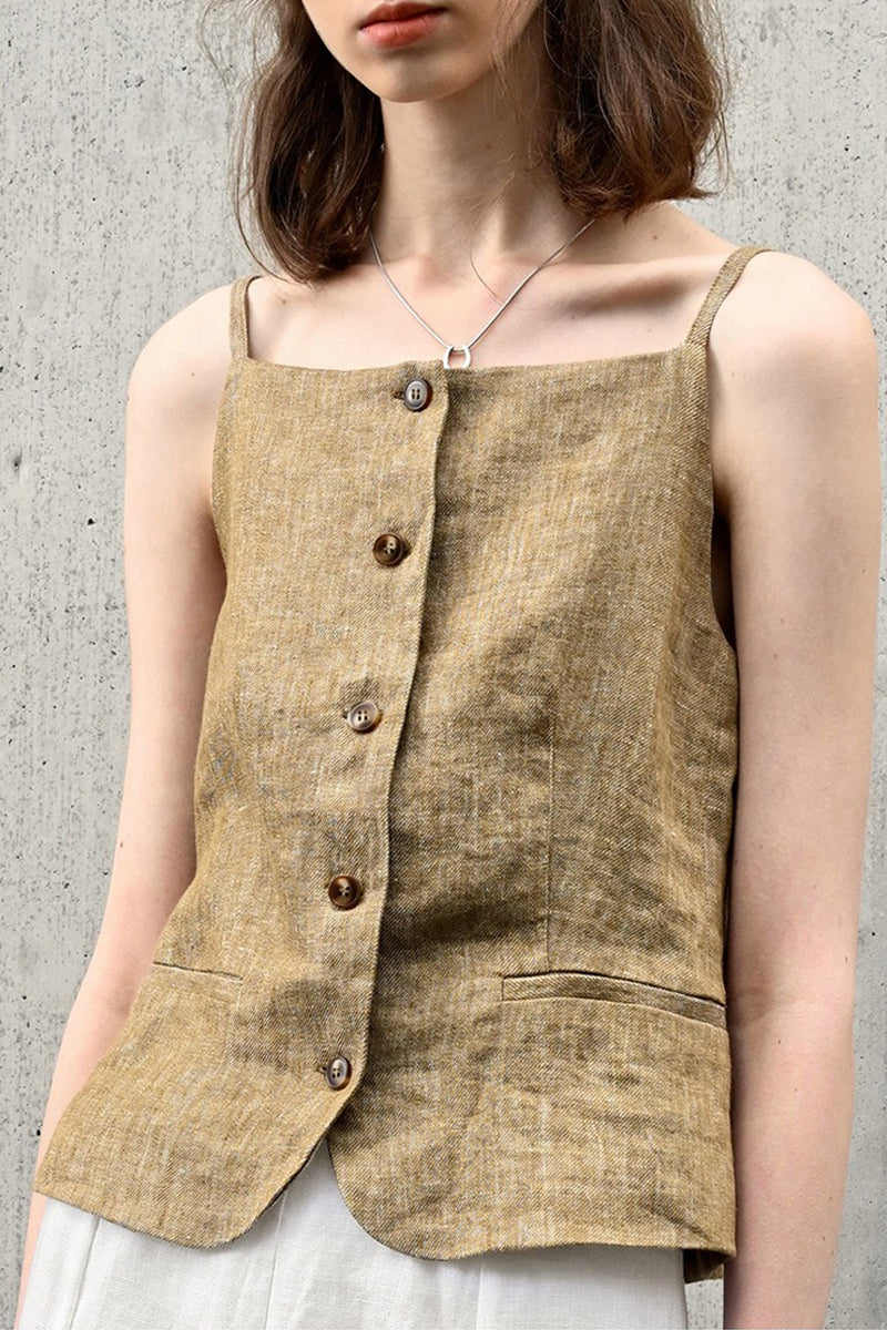 100% Linen Square-Neck Camisole Top with Button Front