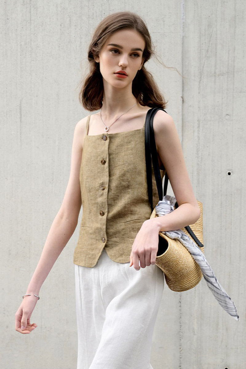 100% Linen Square-Neck Camisole Top with Button Front