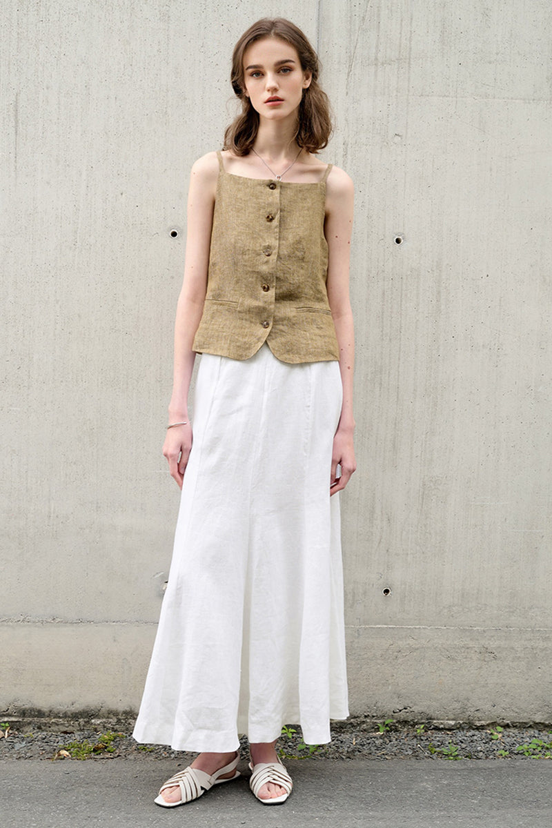 100% Linen Square-Neck Camisole Top with Button Front