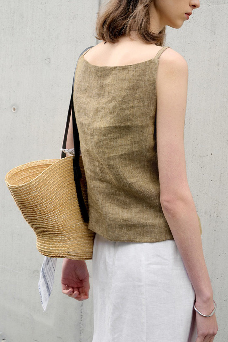 100% Linen Square-Neck Camisole Top with Button Front
