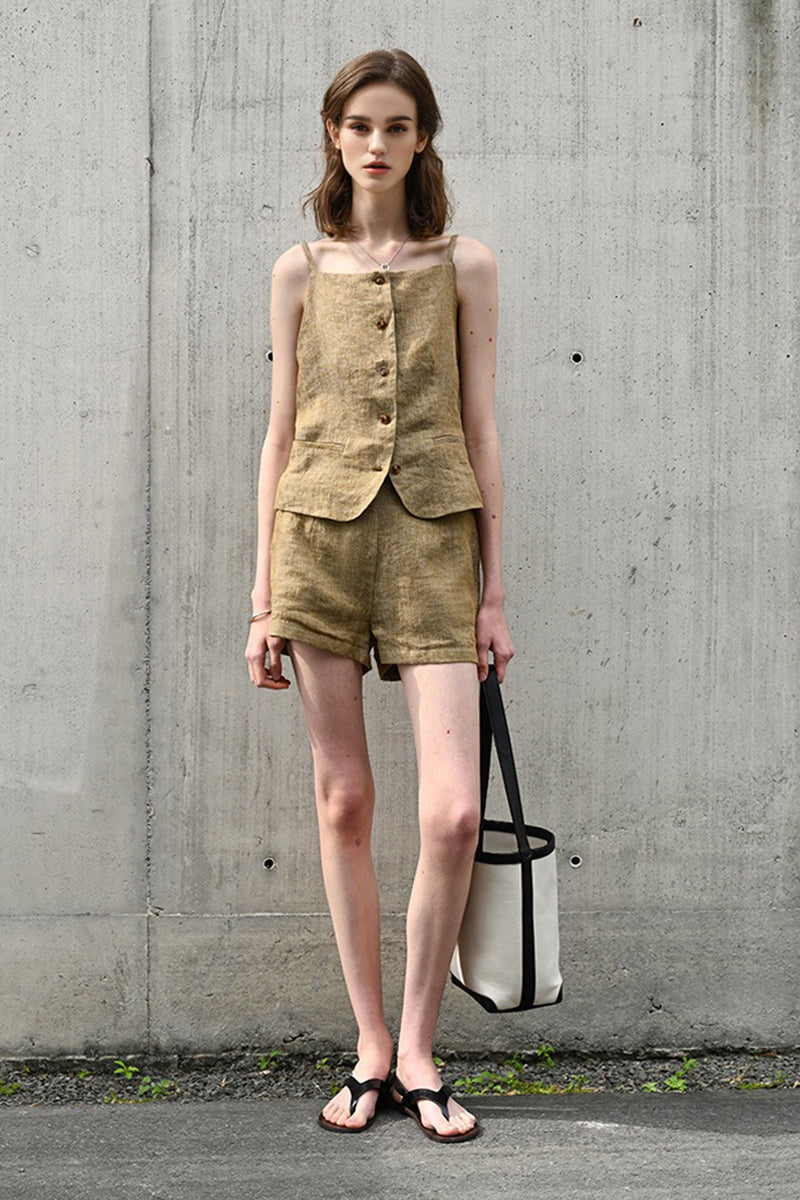 100% Linen Square-Neck Camisole Top with Button Front