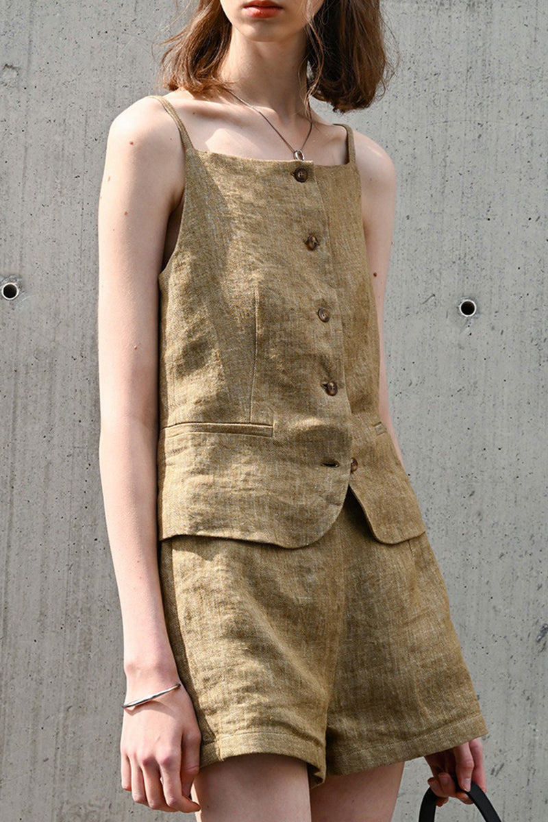 100% Linen Square-Neck Camisole Top with Button Front