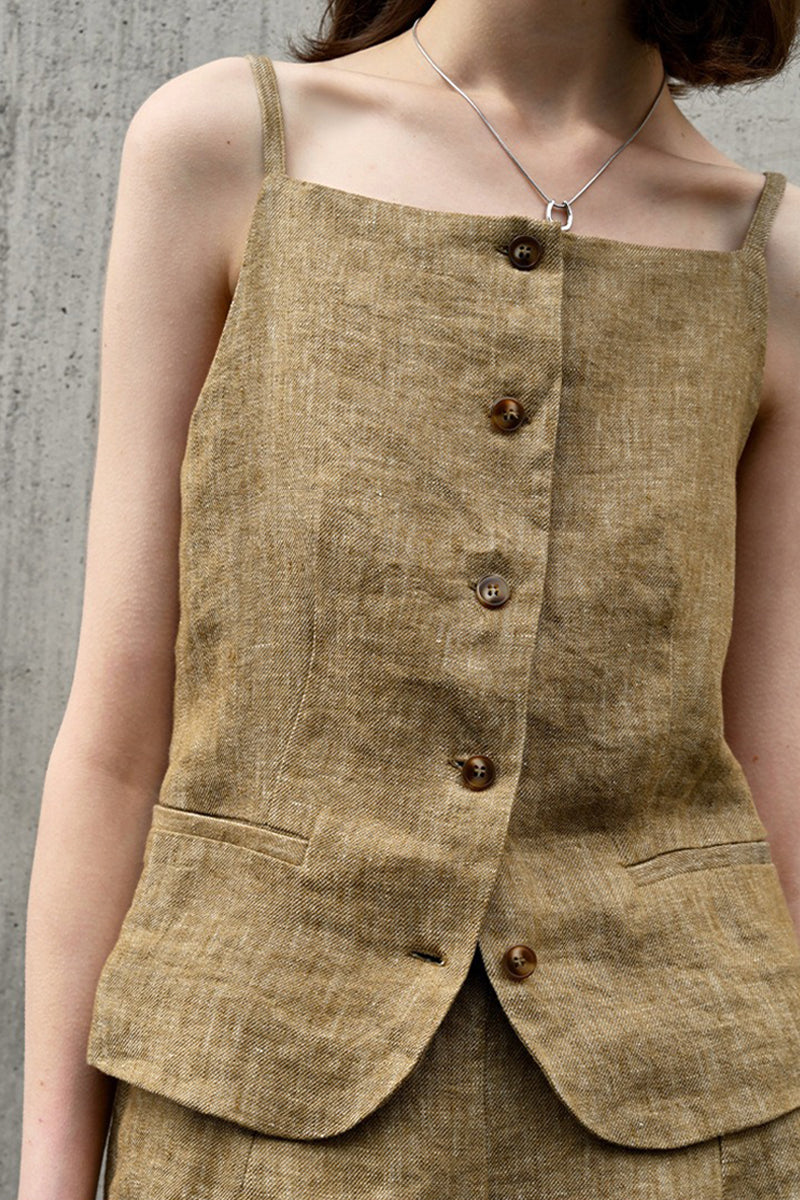 100% Linen Square-Neck Camisole Top with Button Front