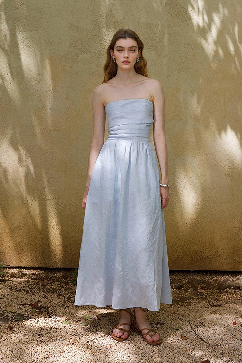 100% Linen Strapless Ruched A-Line Maxi Dress