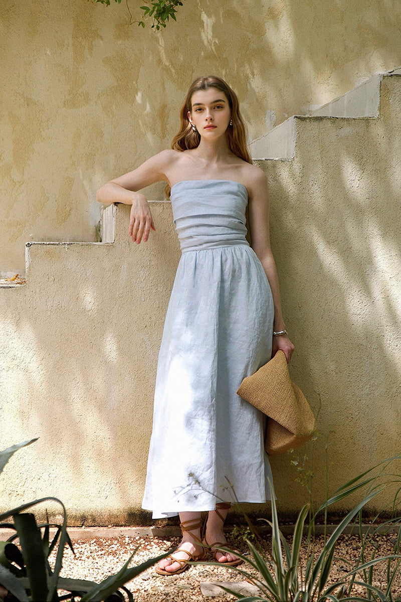 100% Linen Strapless Ruched A-Line Maxi Dress