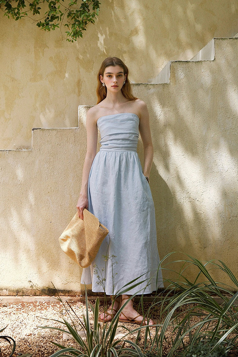 100% Linen Strapless Ruched A-Line Maxi Dress