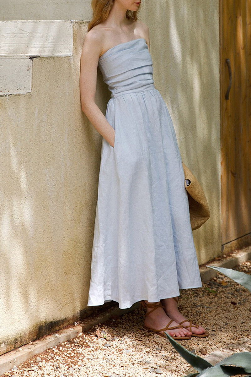 100% Linen Strapless Ruched A-Line Maxi Dress