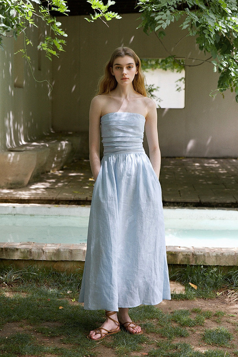 100% Linen Strapless Ruched A-Line Maxi Dress