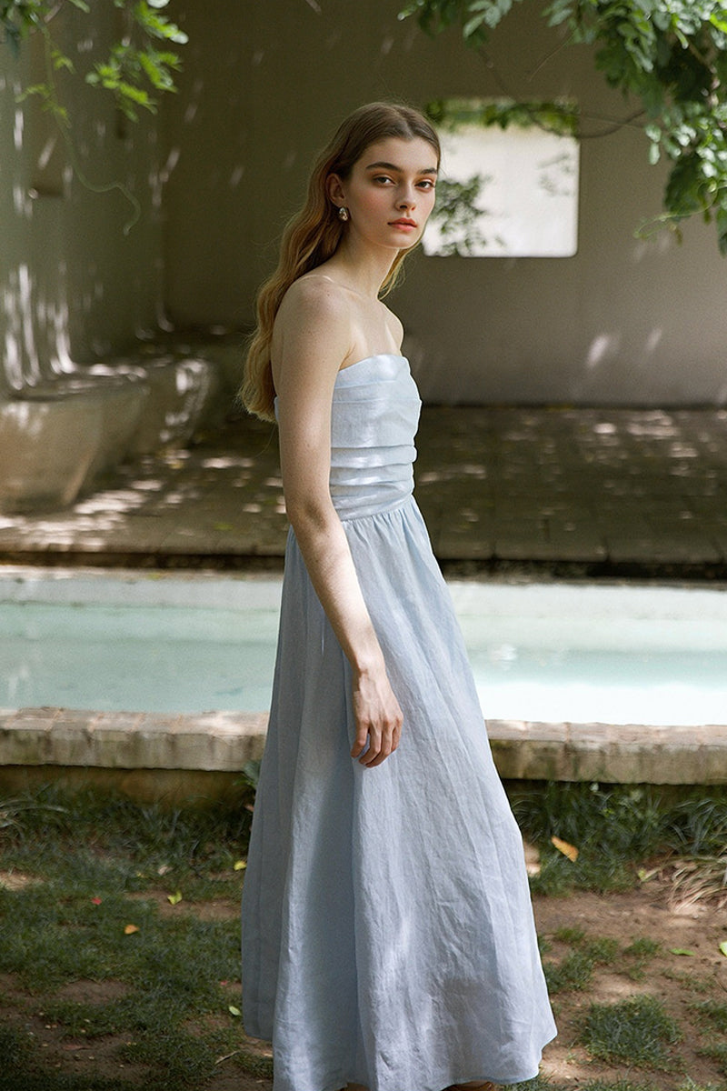 100% Linen Strapless Ruched A-Line Maxi Dress