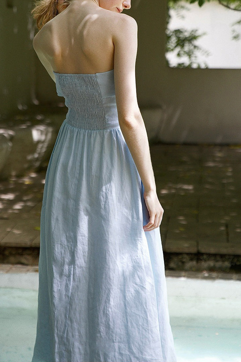 100% Linen Strapless Ruched A-Line Maxi Dress