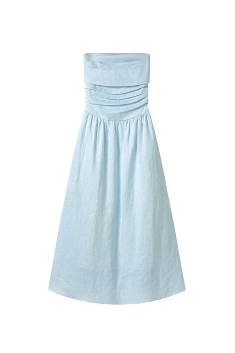100% Linen Strapless Ruched A-Line Maxi Dress