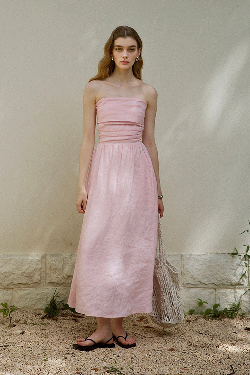 100% Linen Strapless Ruched A-Line Maxi Dress