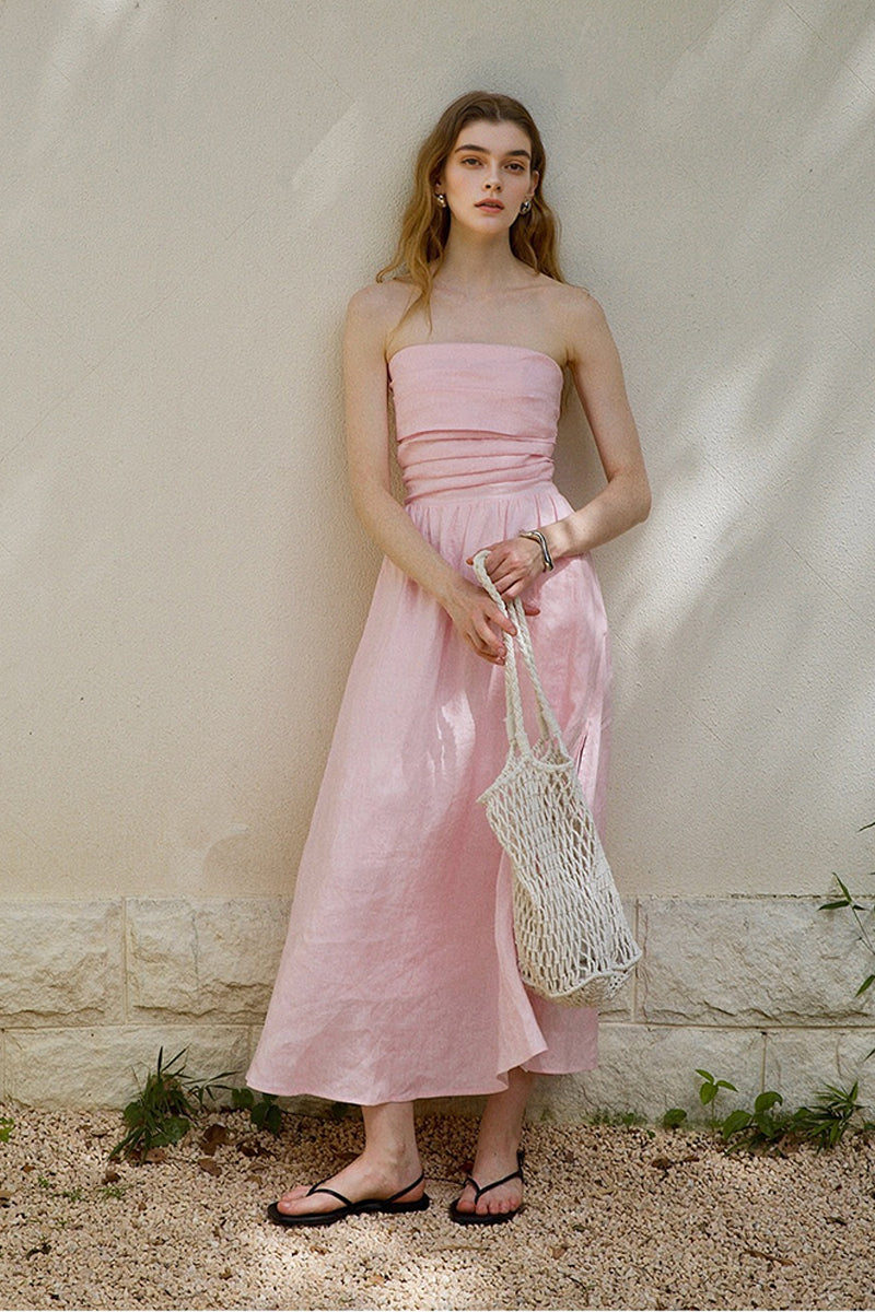 100% Linen Strapless Ruched A-Line Maxi Dress
