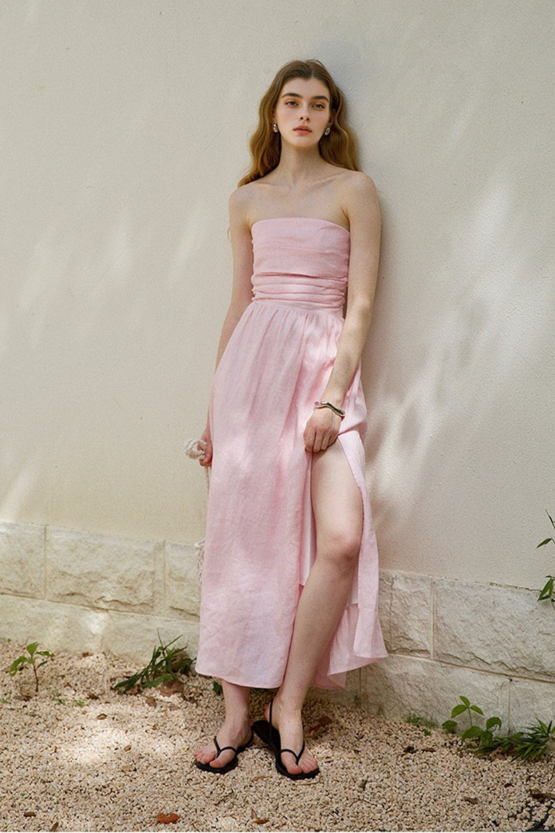 100% Linen Strapless Ruched A-Line Maxi Dress