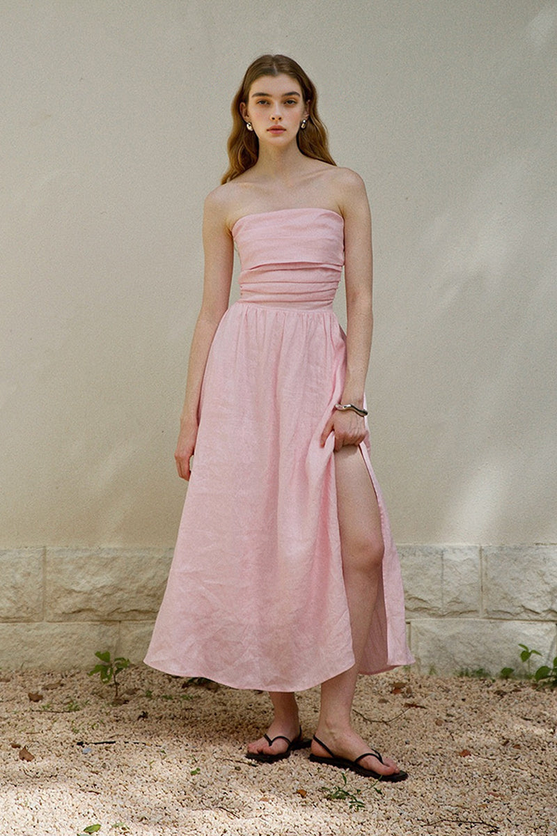 100% Linen Strapless Ruched A-Line Maxi Dress
