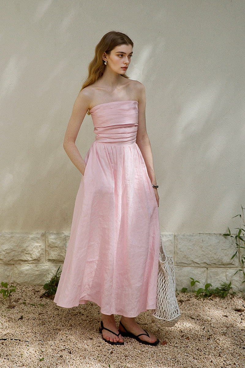 100% Linen Strapless Ruched A-Line Maxi Dress