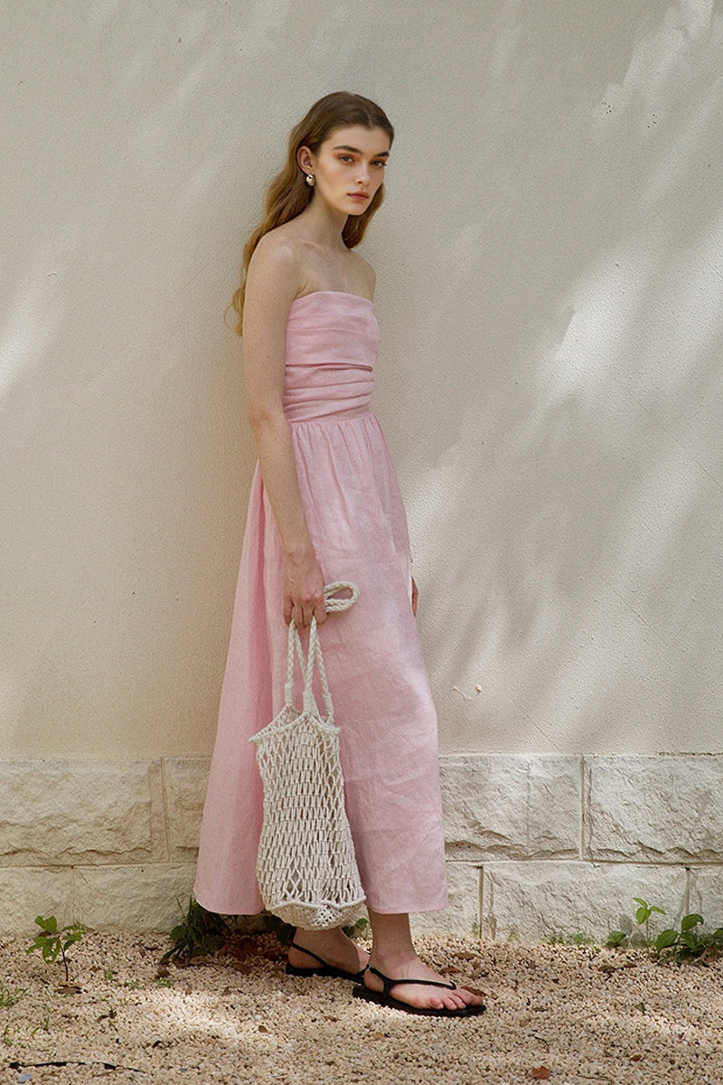 100% Linen Strapless Ruched A-Line Maxi Dress