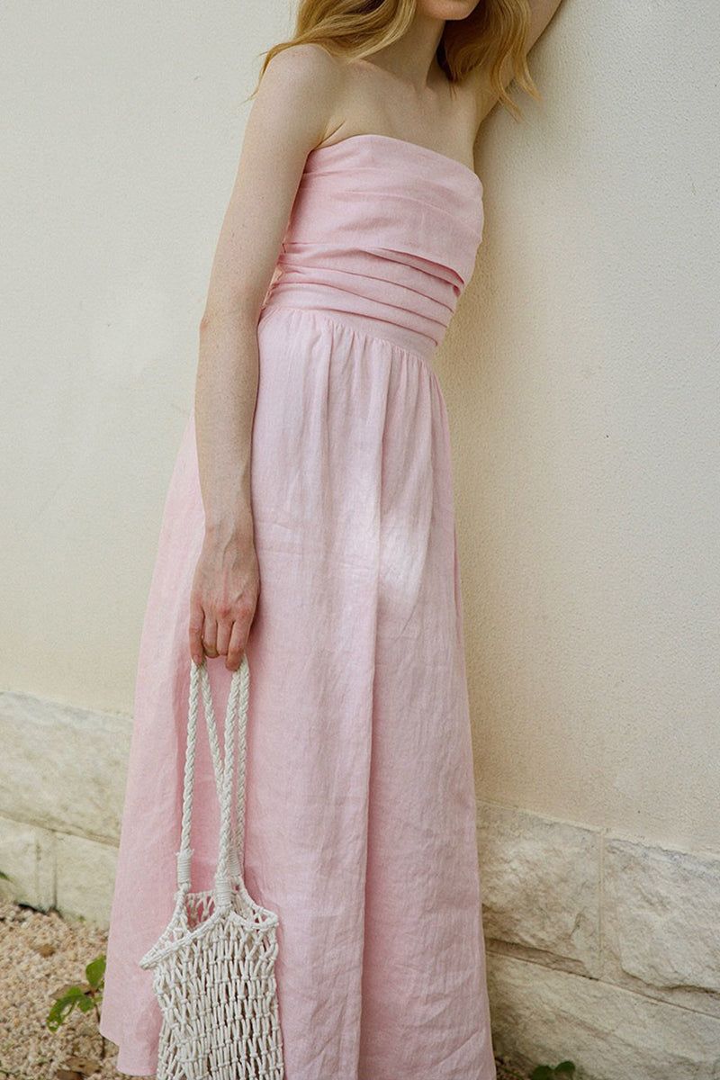 100% Linen Strapless Ruched A-Line Maxi Dress