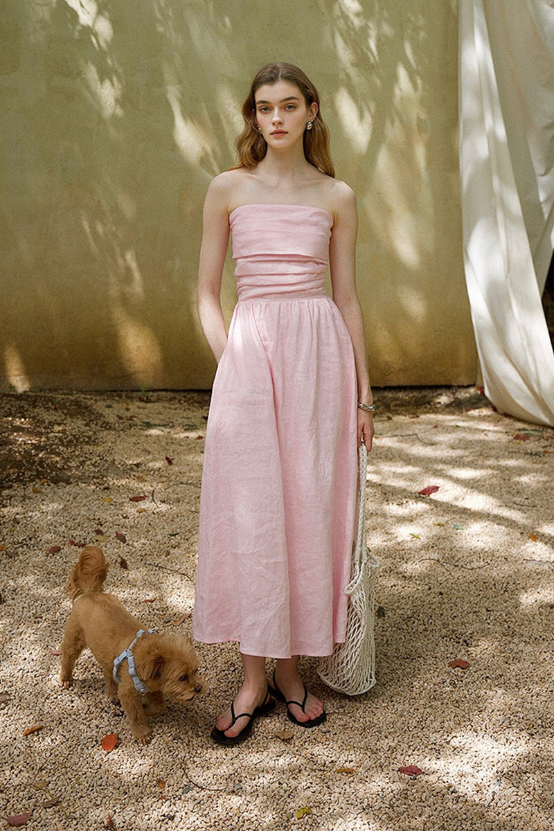 100% Linen Strapless Ruched A-Line Maxi Dress