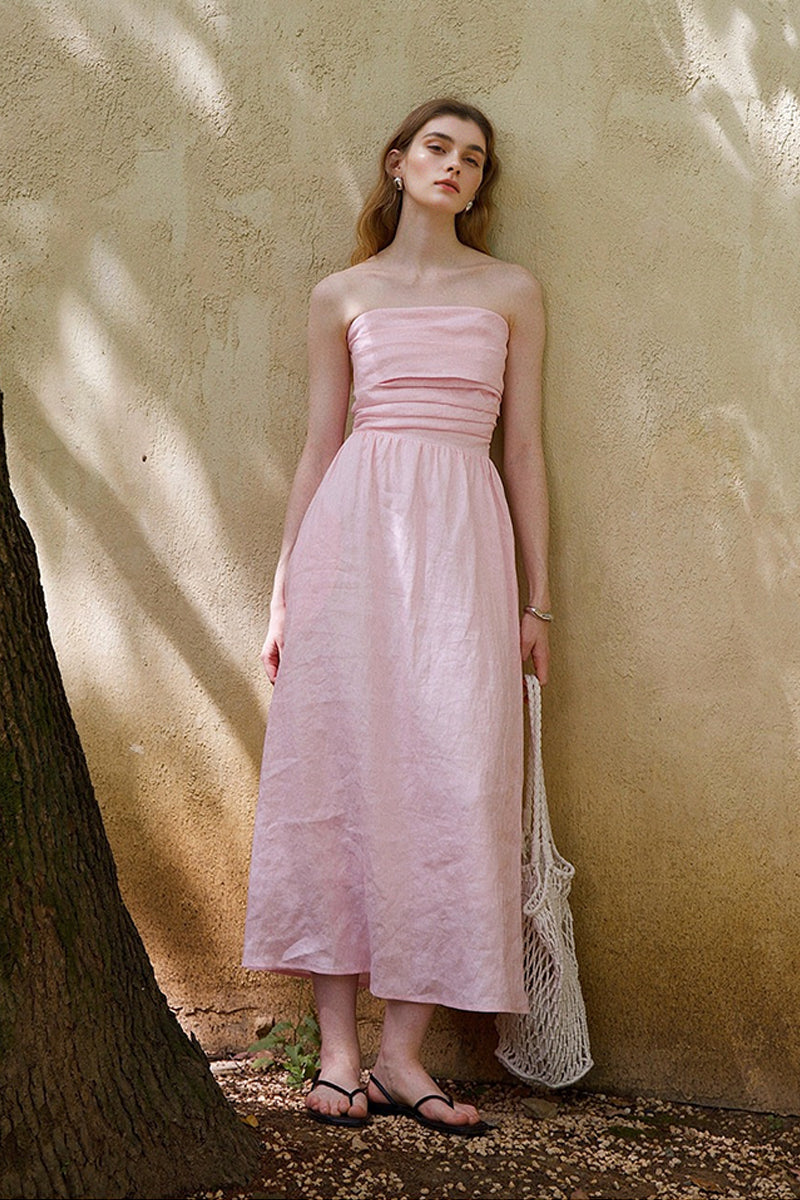100% Linen Strapless Ruched A-Line Maxi Dress