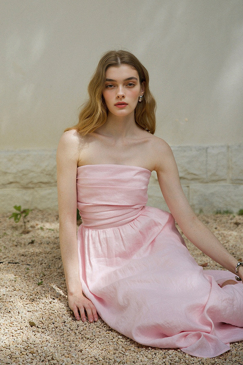 100% Linen Strapless Ruched A-Line Maxi Dress