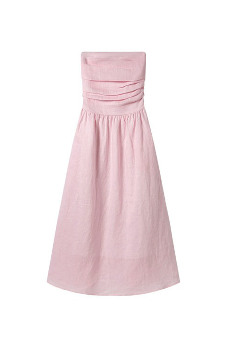 100% Linen Strapless Ruched A-Line Maxi Dress