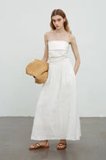 100% Linen Strapless Ruched A-Line Maxi Dress